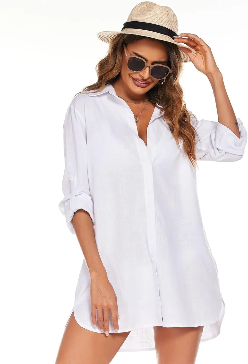 HOTOUCH Women Boyfriend Shirts Button Down Long Sleeve Blouse Cuffed Sleeve Collared Shirt