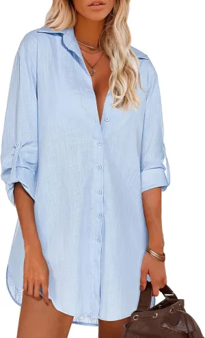 HOTOUCH Women Boyfriend Shirts Button Down Long Sleeve Blouse Cuffed Sleeve Collared Shirt