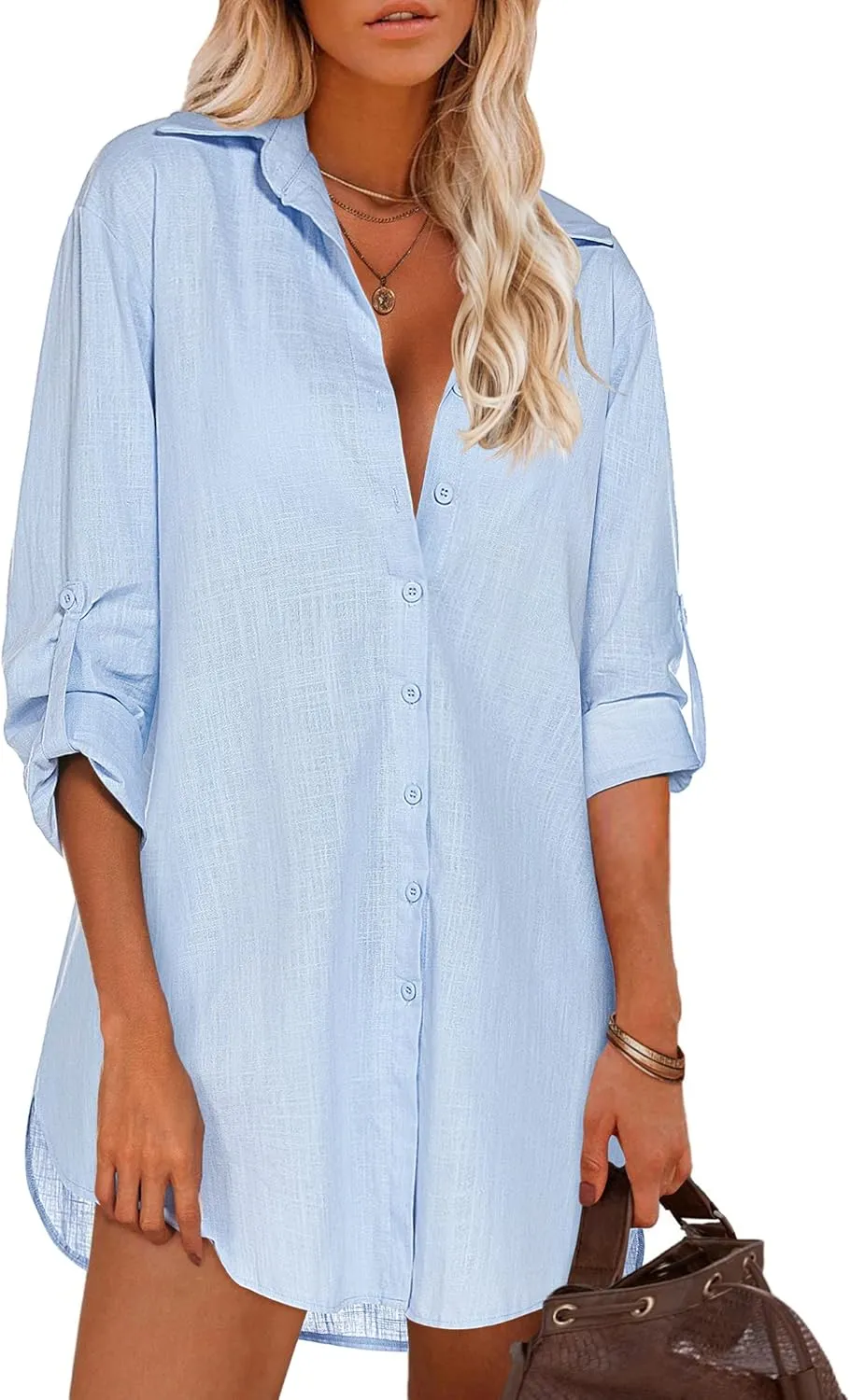 HOTOUCH Women Boyfriend Shirts Button Down Long Sleeve Blouse Cuffed Sleeve Collared Shirt