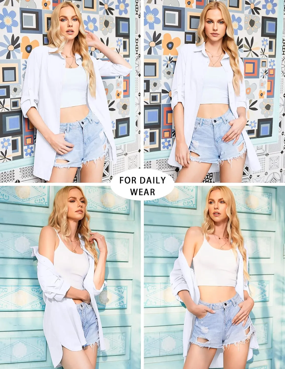HOTOUCH Women Boyfriend Shirts Button Down Long Sleeve Blouse Cuffed Sleeve Collared Shirt