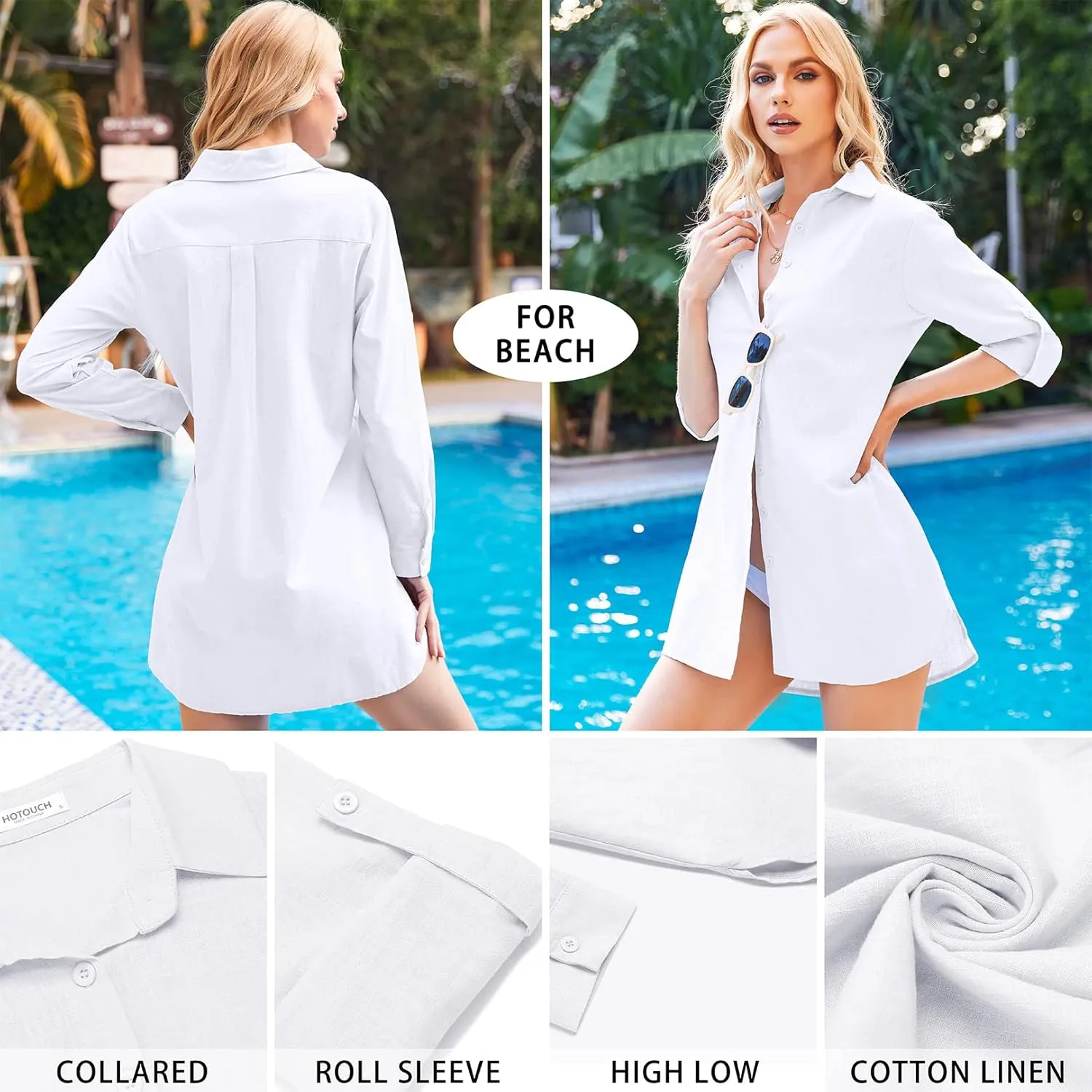 HOTOUCH Women Boyfriend Shirts Button Down Long Sleeve Blouse Cuffed Sleeve Collared Shirt