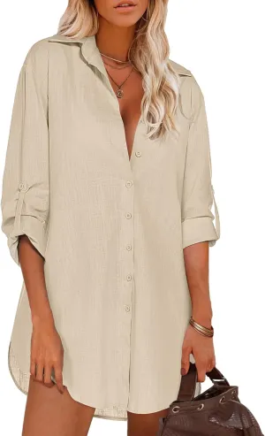 HOTOUCH Women Boyfriend Shirts Button Down Long Sleeve Blouse Cuffed Sleeve Collared Shirt