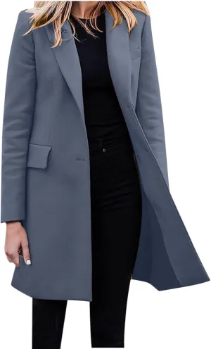 Hvyesh Women's Long Wool Blend Pea Coat Winter Casual Overcoat Notched Lapel Collar Trench Coat Belted Long Jacket Outerwear