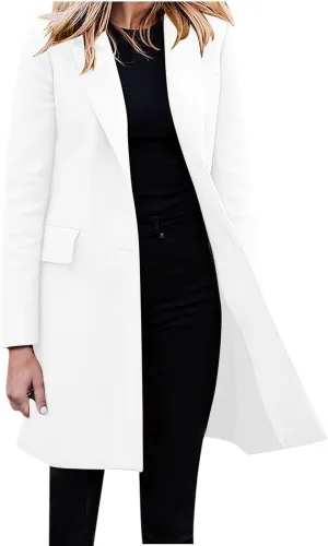 Hvyesh Women's Long Wool Blend Pea Coat Winter Casual Overcoat Notched Lapel Collar Trench Coat Belted Long Jacket Outerwear