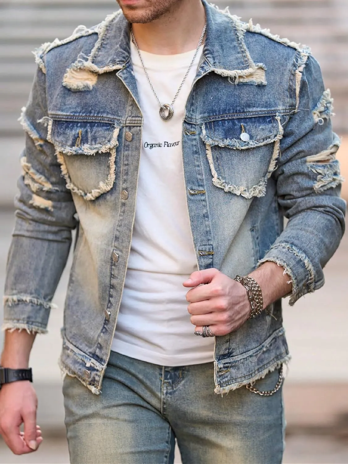 Jean Jacket Men, Men's Denim Jacket Distressed Ripped Slim Fit Stretch Trucker Jackets Classic Casual Denim Coat