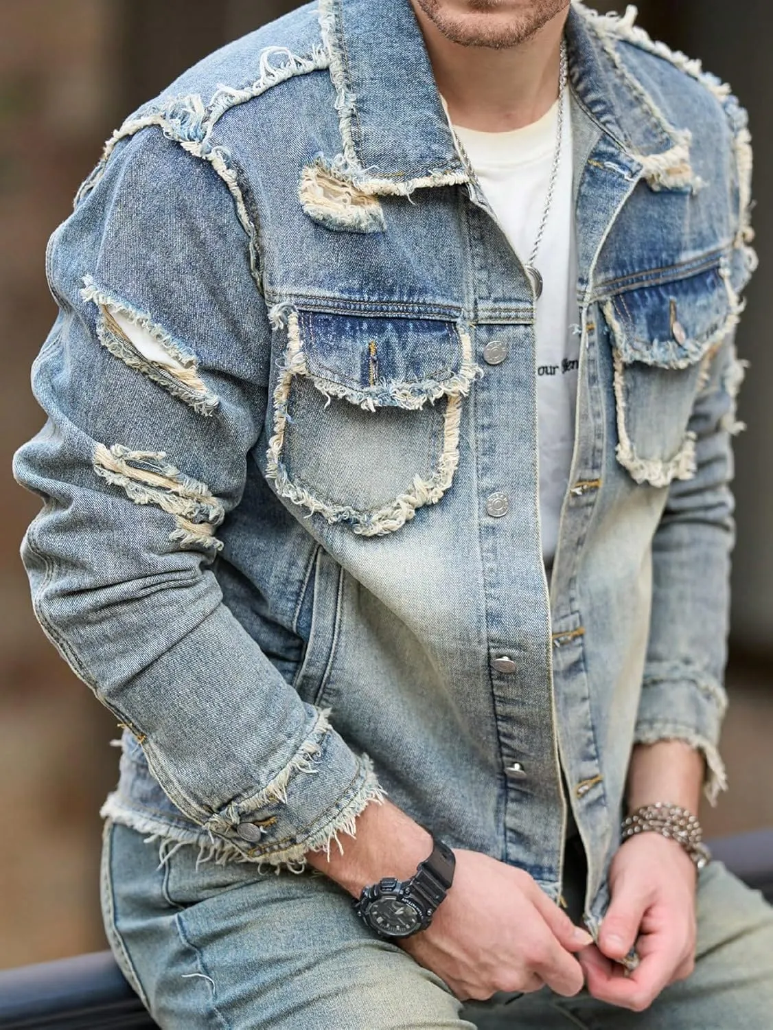 Jean Jacket Men, Men's Denim Jacket Distressed Ripped Slim Fit Stretch Trucker Jackets Classic Casual Denim Coat