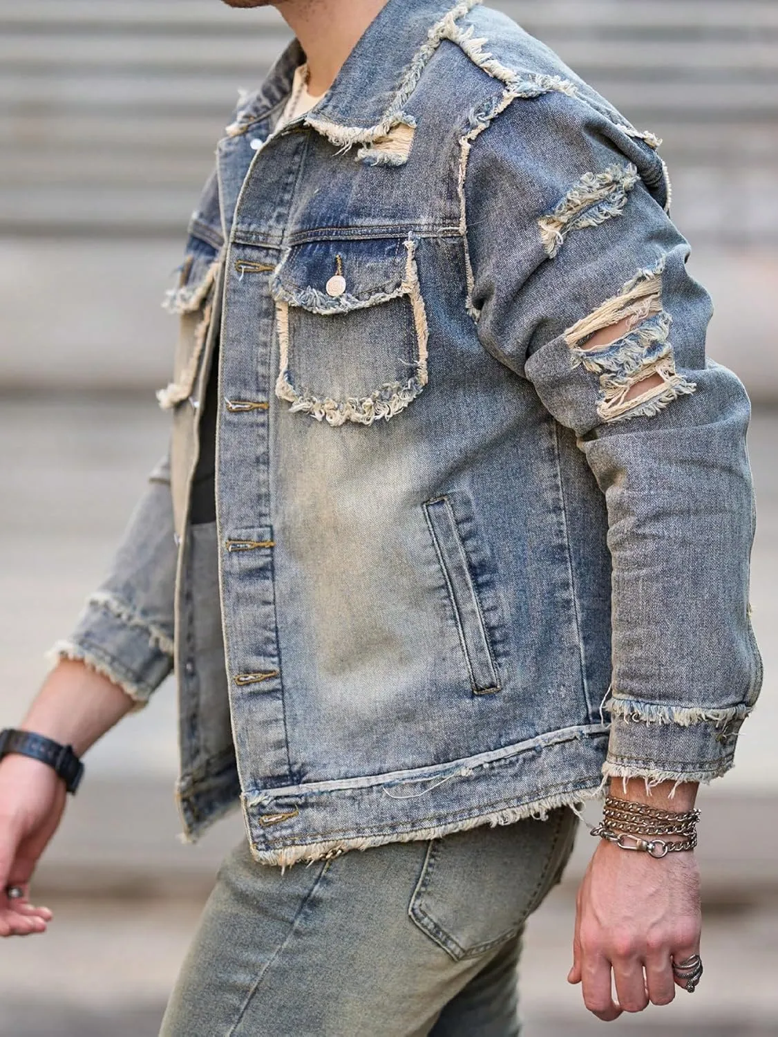 Jean Jacket Men, Men's Denim Jacket Distressed Ripped Slim Fit Stretch Trucker Jackets Classic Casual Denim Coat