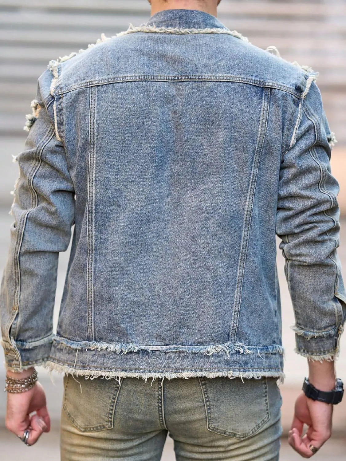 Jean Jacket Men, Men's Denim Jacket Distressed Ripped Slim Fit Stretch Trucker Jackets Classic Casual Denim Coat
