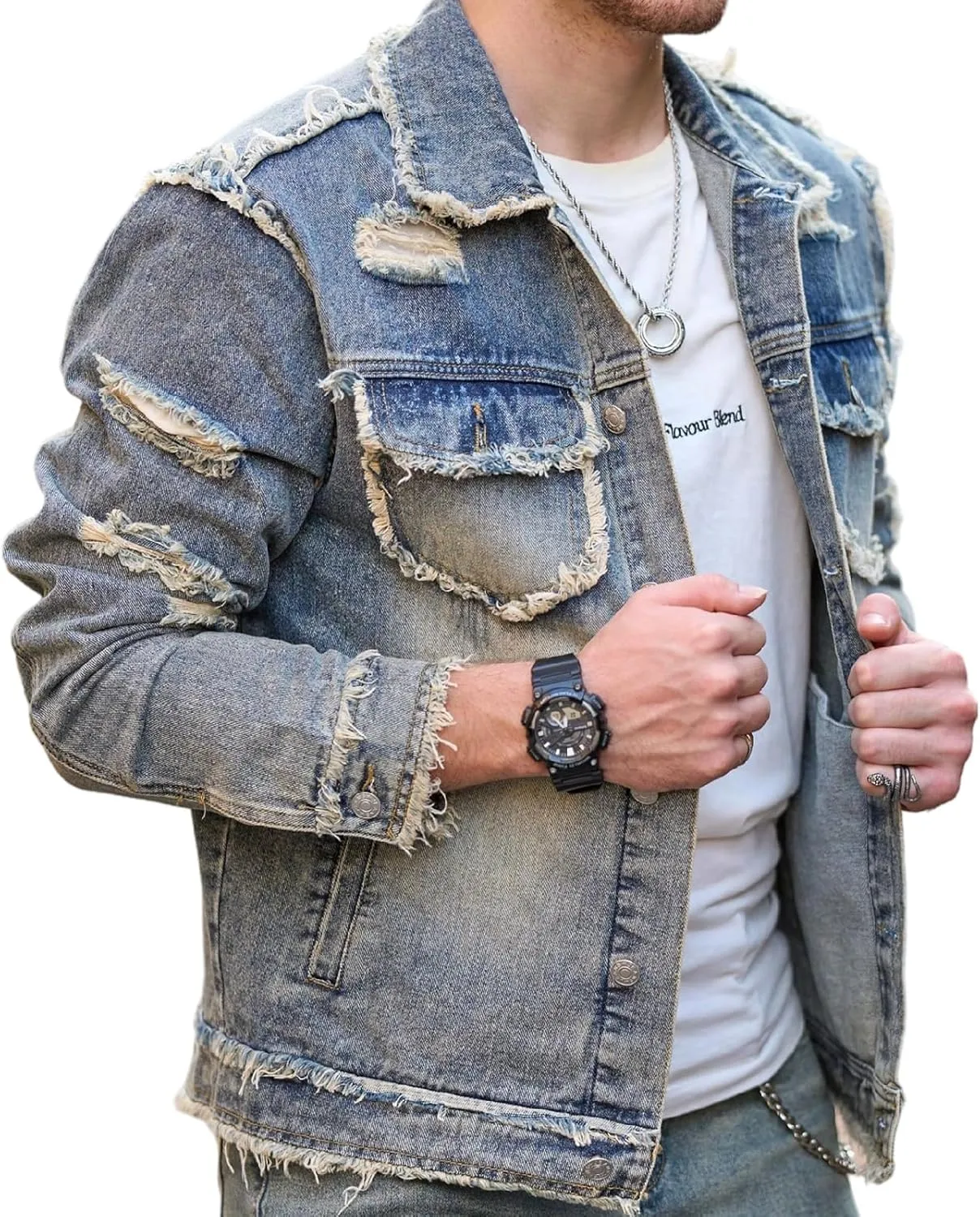 Jean Jacket Men, Men's Denim Jacket Distressed Ripped Slim Fit Stretch Trucker Jackets Classic Casual Denim Coat