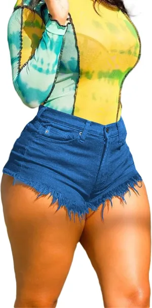 JEKE-DG Women High Waisted Denim Shorts Frayed Raw Hem Ripped Jeans Shorts Casual Stretchy Jean Shorts for Summer