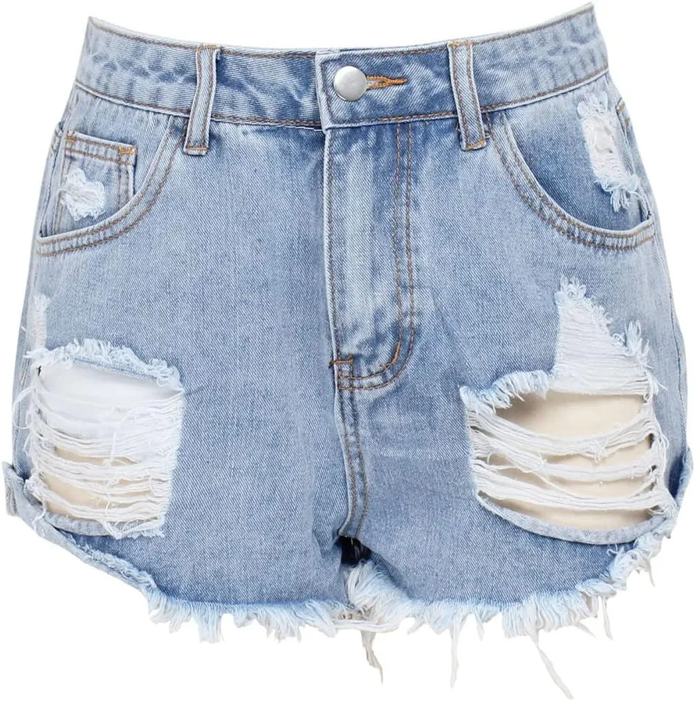 JEKE-DG Women's Ripped Denim Shorts High Waisted Raw Hem Distressed Jean Shorts Frayed Skinny Casual Jeans Shorts