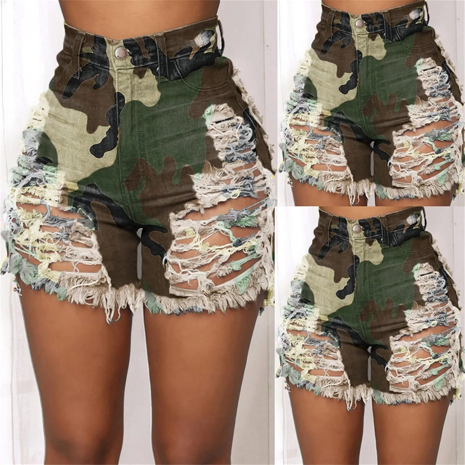 JEKE-DG Womens Ripped Hole Jean Shorts Stretchy Frayed Raw Hem Shorts High Waisted Distressed Casual Denim Shorts