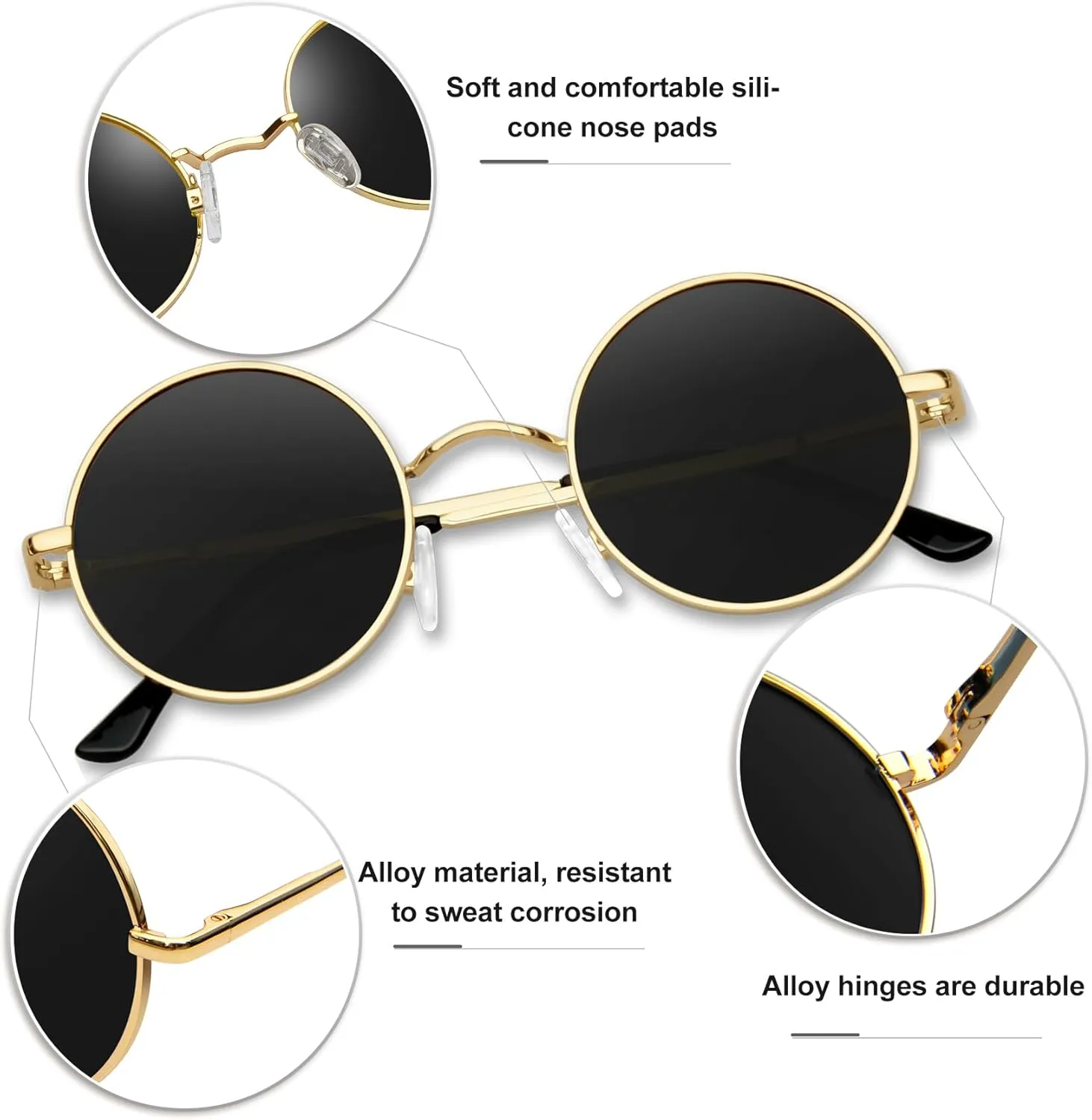 KANASTAL Round Sunglasses for Women Men Polarized Circle Sun Glasses UV400 Halloween Cosplay Shades 2 Pack