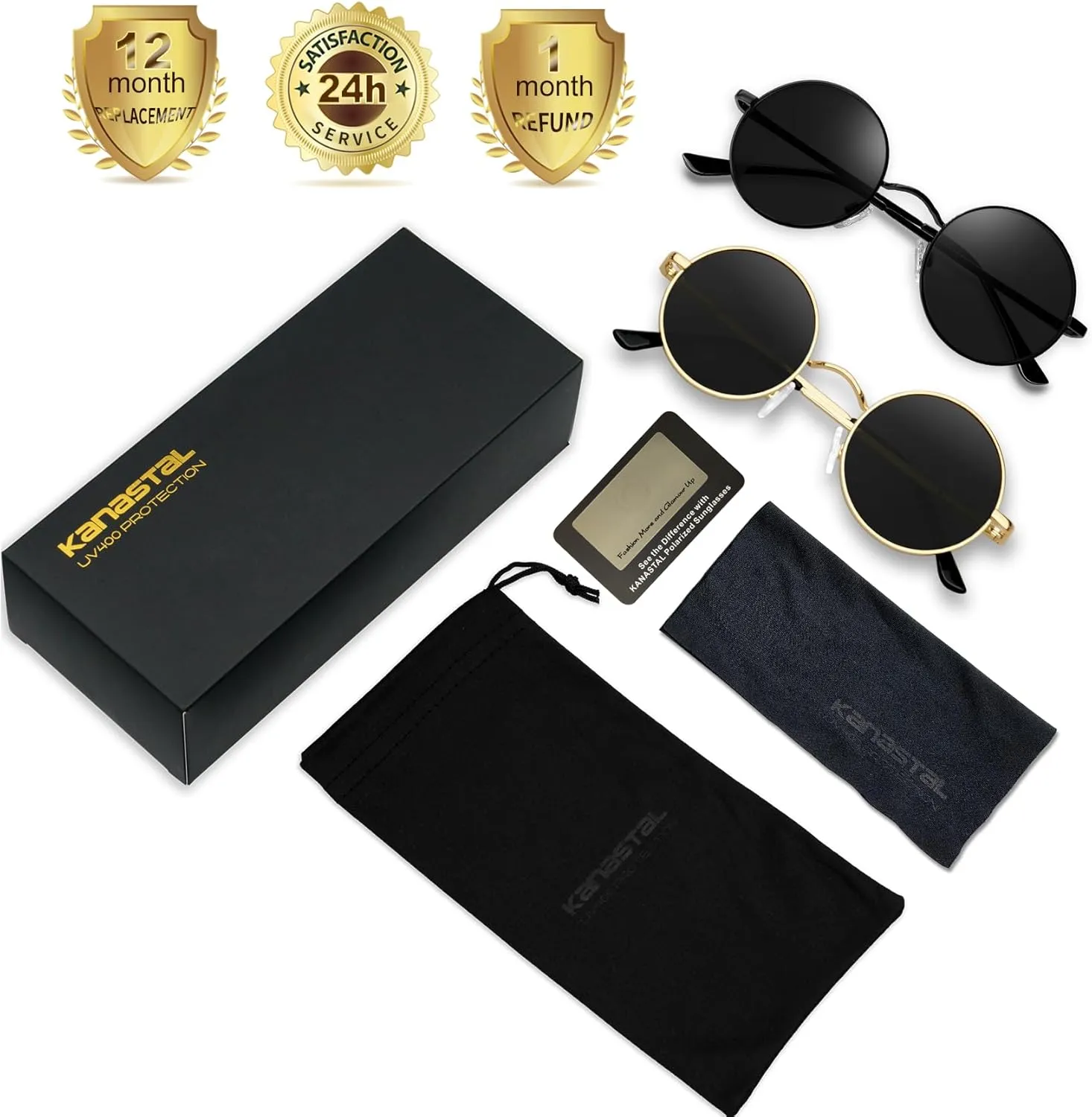 KANASTAL Round Sunglasses for Women Men Polarized Circle Sun Glasses UV400 Halloween Cosplay Shades 2 Pack