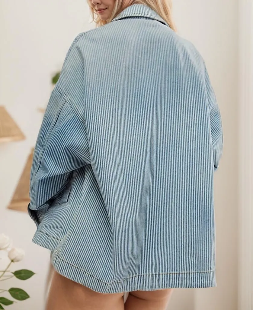 Kedera Women's Striped Denim Jackets Casual Long Sleeve Fall Jean Outfits Boyfriend Denim Coat with Pockets