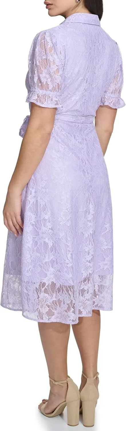 kensie Women's Floral Lace Faux Wrap Midi Dress