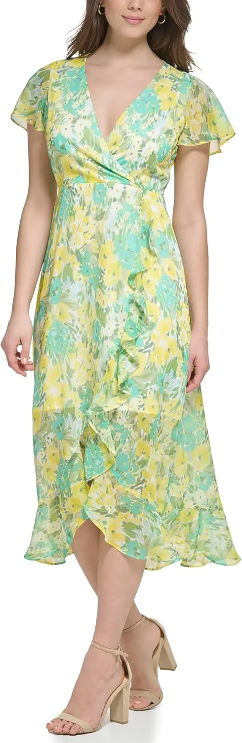 kensie Women's Short Flutter Sleeve Faux Wrap Midi Dress