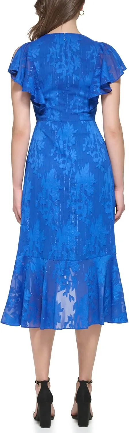 kensie Women's Short Flutter Sleeve Faux Wrap Midi Dress