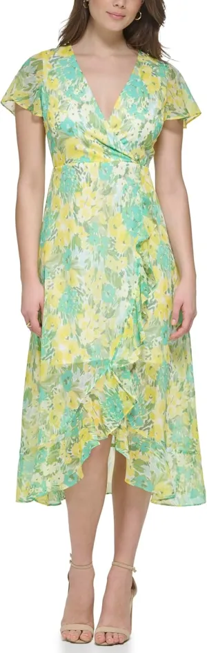 kensie Women's Short Flutter Sleeve Faux Wrap Midi Dress