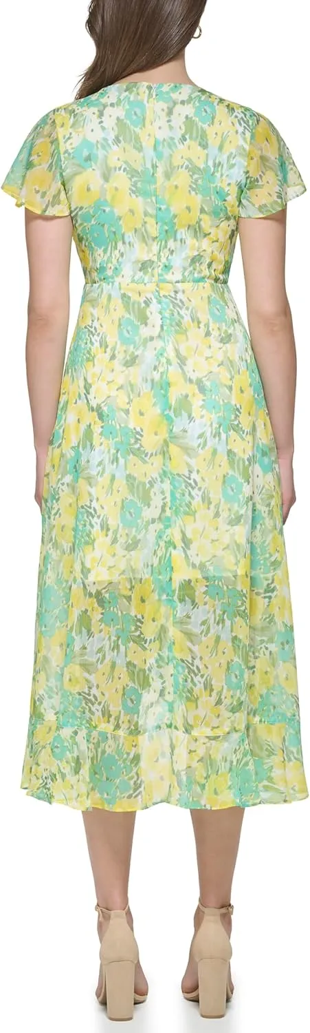 kensie Women's Short Flutter Sleeve Faux Wrap Midi Dress