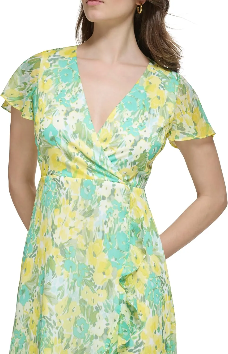 kensie Women's Short Flutter Sleeve Faux Wrap Midi Dress