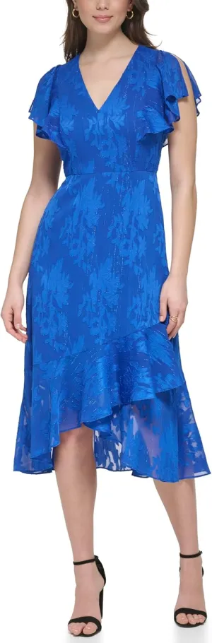 kensie Women's Short Flutter Sleeve Faux Wrap Midi Dress