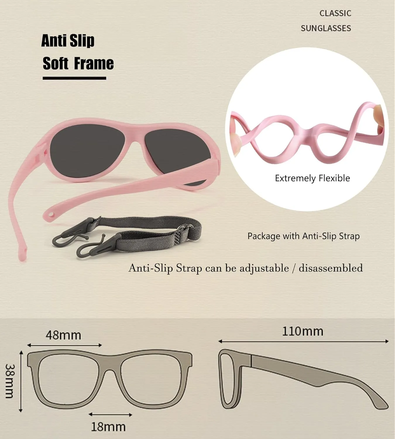 Kids Polarized Aviator Sunglasses Flexible Rubber Glasses Shades with Strap for Baby Boys Girls Age 0-36 Months