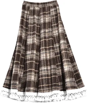 Lace Trim Plaid Skirt for Women Vintage Wool Blend Tiered Elastic Waist A-Line Skirts Ruffle Swing Midi Long Skirts