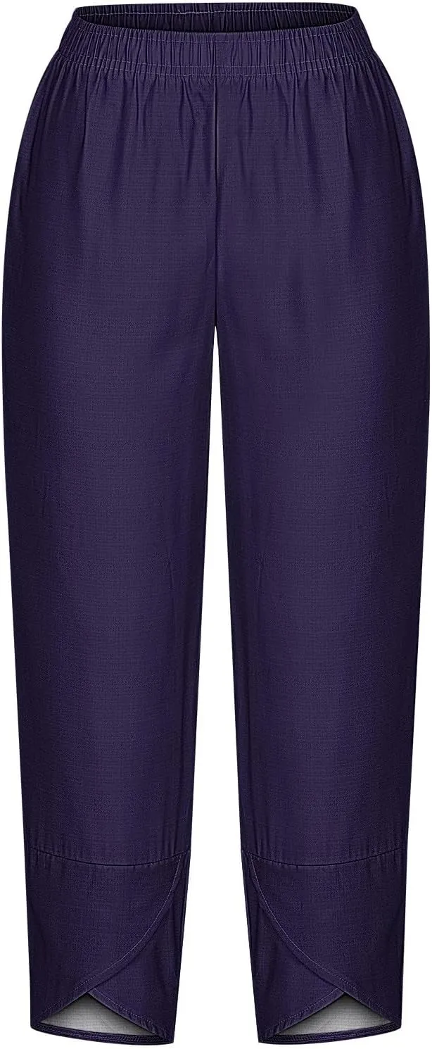 Ladies Casual Harem Trousers Women Linen Cropped Pants Elastic Waist Trouser Straight Leg Chino Bottoms Cosy Jogging