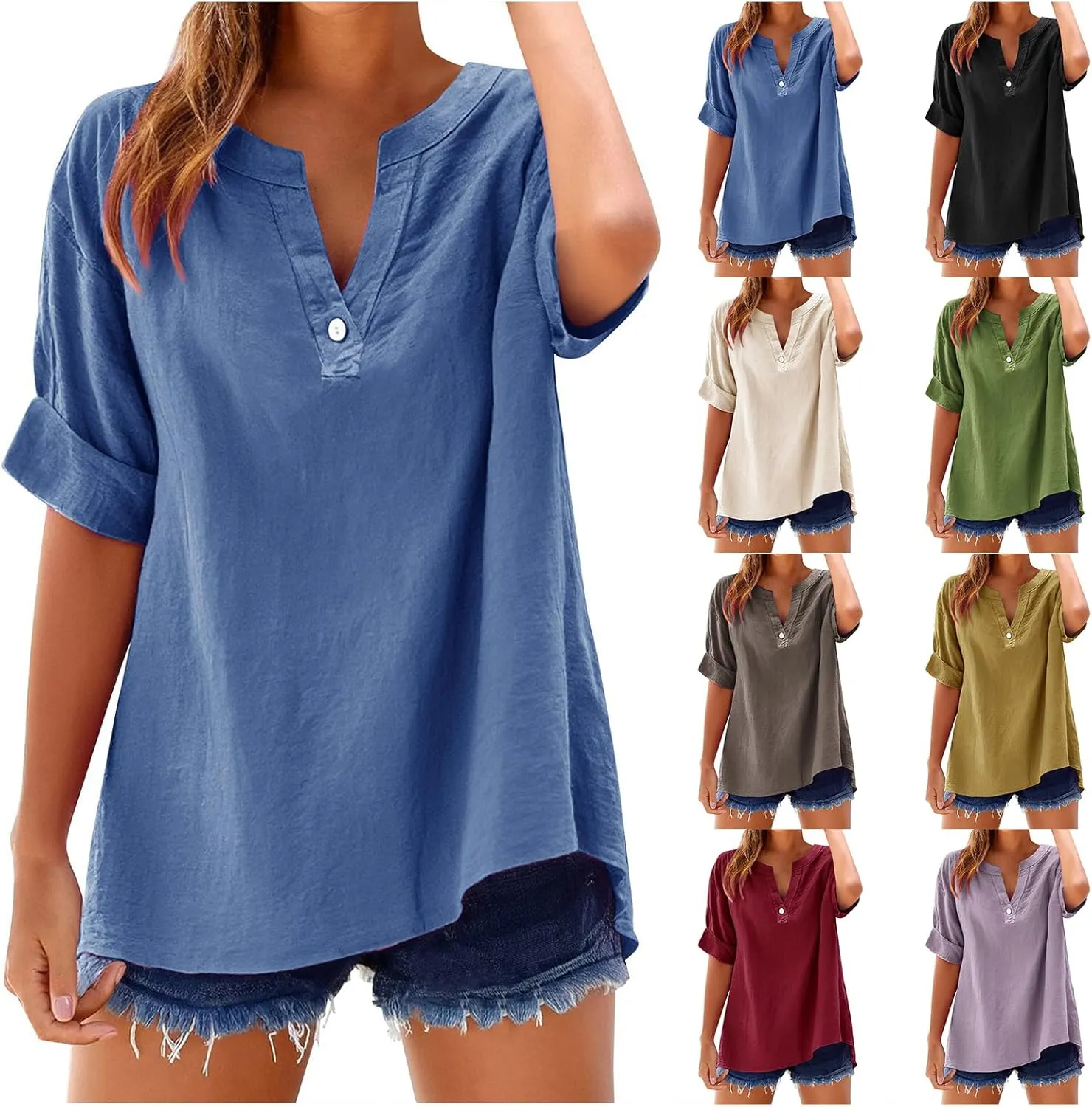 Linen Tops for Women Button Down V Neck Shirts Short Sleeve Dressy Casual Blouses Summer Work Tops Oversized Tshirts
