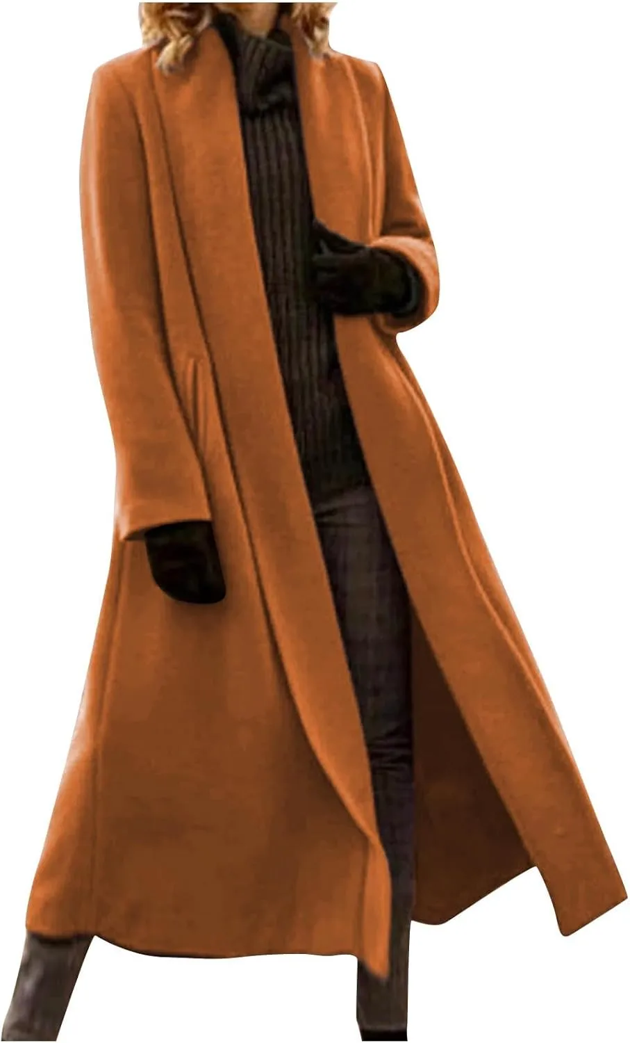 Long Pea Coat for Women Open Front Cardigan Coat Coatigan Jacket 2024 Fall Winter Wool Blend Trench Coat with Pockets