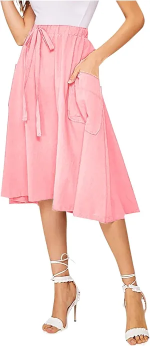 Long Skirts for Women Below Knee Length Casual Elastic Tie Waist Flowy A Line High Low Midi Skirt Dress with Pockets