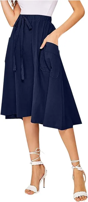 Long Skirts for Women Below Knee Length Casual Elastic Tie Waist Flowy A Line High Low Midi Skirt Dress with Pockets