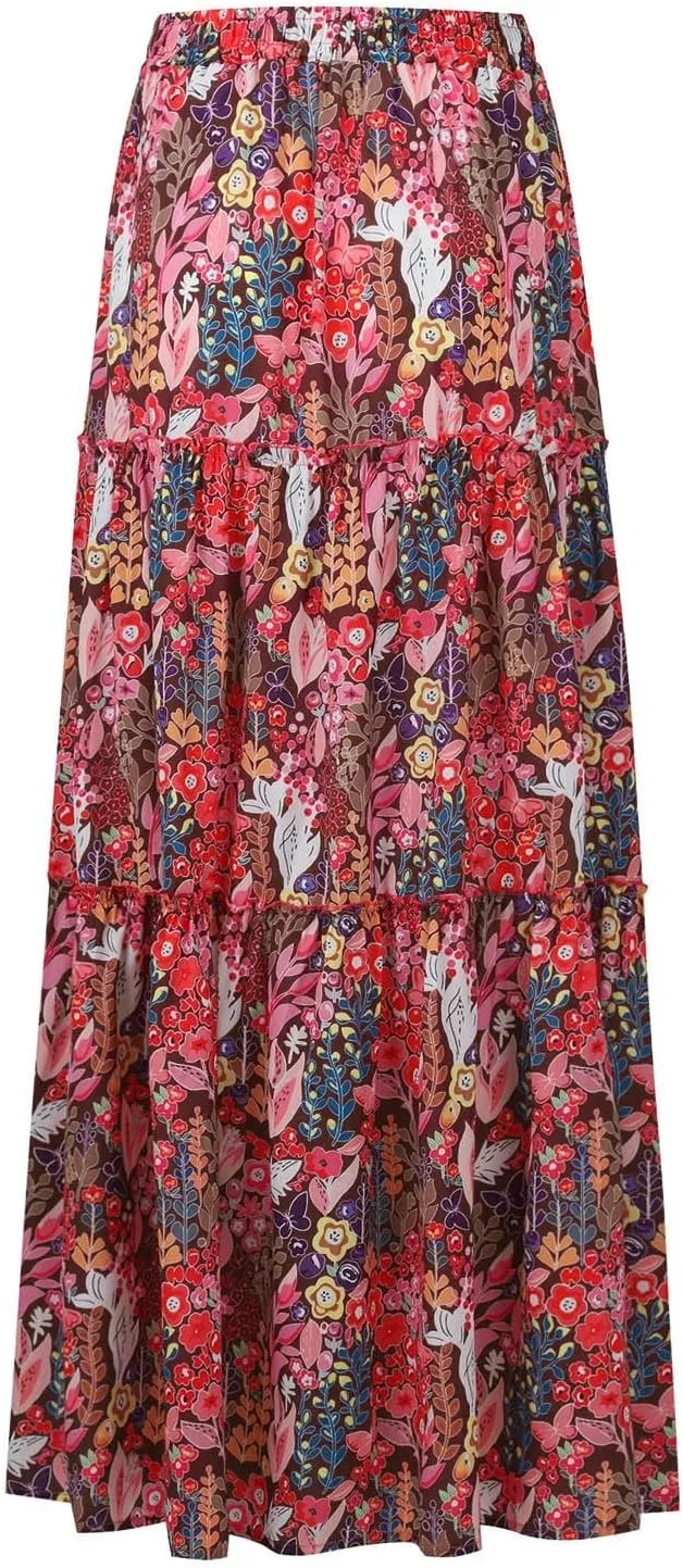 Long Skirts for Women Trendy Floral Maxi Skirt Casual Drawstring Elastic Waist Tiered Flowy Skirt Swing A Line Skirt