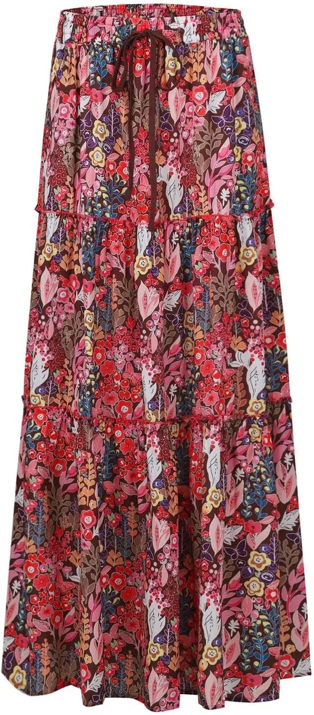 Long Skirts for Women Trendy Floral Maxi Skirt Casual Drawstring Elastic Waist Tiered Flowy Skirt Swing A Line Skirt