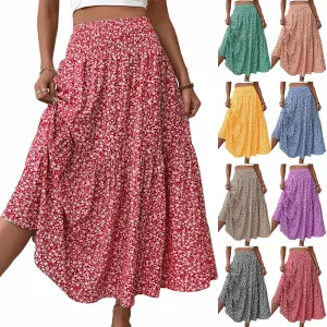 Long Skirts for Women Trendy Summer Flowy Floral Maxi Skirt Lightweight Elastic Smocked High Waisted A Line Skirts