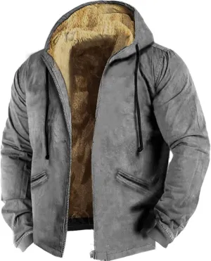 Long Sleeve Sherpa Hooded Jacket for Men Vintage Casual Long Sleeve Fleece Lined Oversized Jacket Coats with Pockets