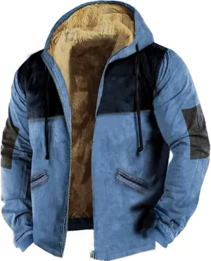 Long Sleeve Sherpa Hooded Jacket for Men Vintage Casual Long Sleeve Fleece Lined Oversized Jacket Coats with Pockets