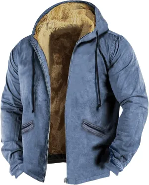 Long Sleeve Sherpa Hooded Jacket for Men Vintage Casual Long Sleeve Fleece Lined Oversized Jacket Coats with Pockets