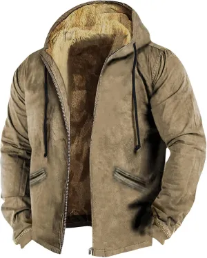 Long Sleeve Sherpa Hooded Jacket for Men Vintage Casual Long Sleeve Fleece Lined Oversized Jacket Coats with Pockets