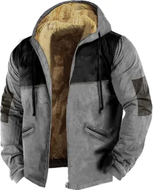 Long Sleeve Sherpa Hooded Jacket for Men Vintage Casual Long Sleeve Fleece Lined Oversized Jacket Coats with Pockets