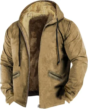 Long Sleeve Sherpa Hooded Jacket for Men Vintage Casual Long Sleeve Fleece Lined Oversized Jacket Coats with Pockets