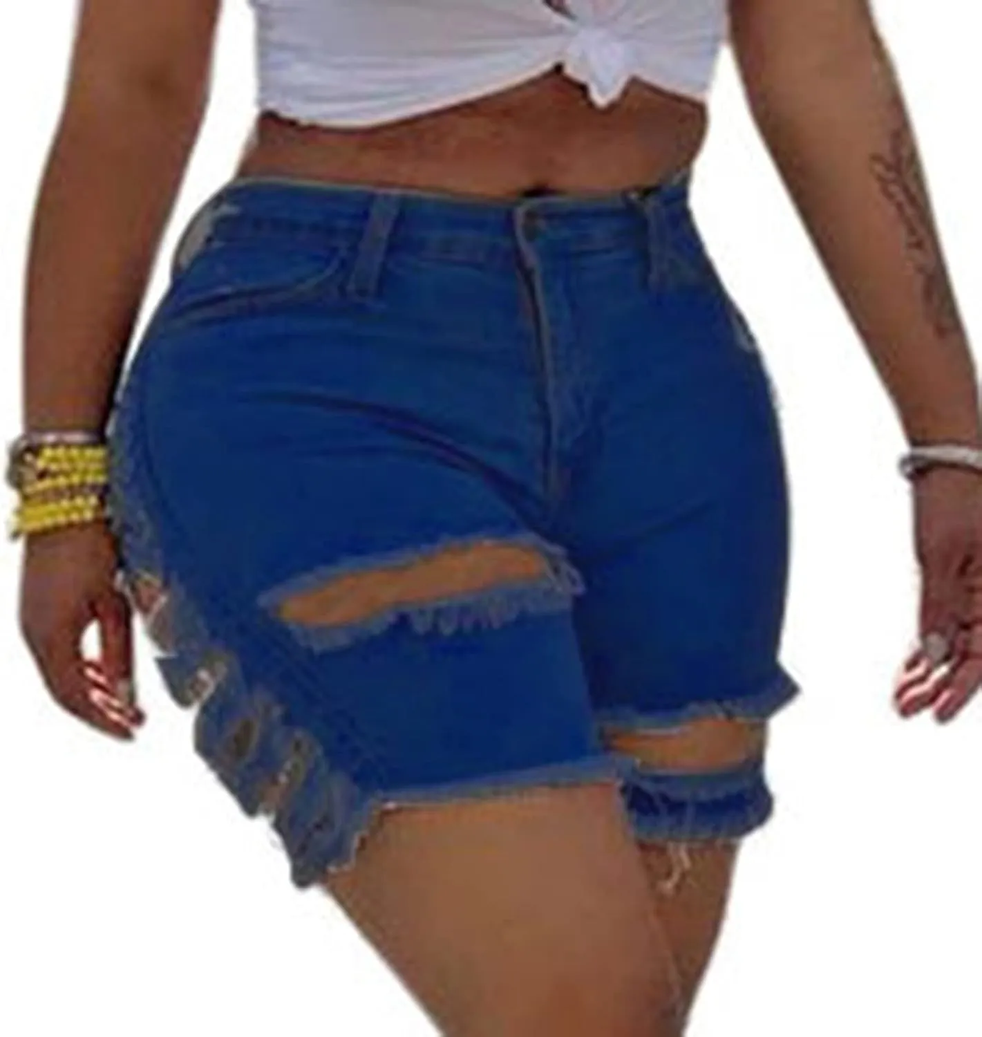 Lu's Chic Women's Distressed Jean Shorts Denim Mid High Waisted Rise Ripped Frayed Light Hole
