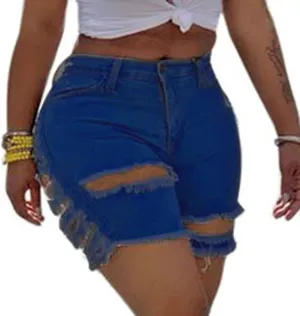 Lu's Chic Women's Distressed Jean Shorts Denim Mid High Waisted Rise Ripped Frayed Light Hole