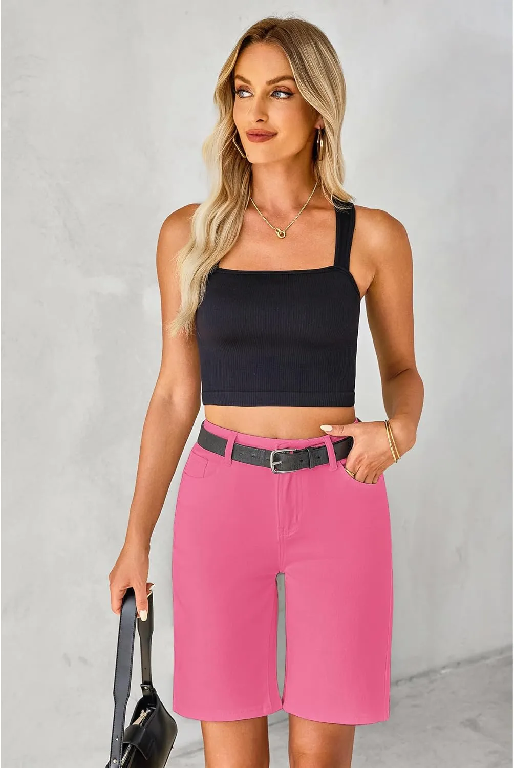 luvamia Bermuda Jean Shorts for Women High Waisted Trendy Stretchy Denim Shorts Knee Length Cutoff Loose Fit Long Shorts