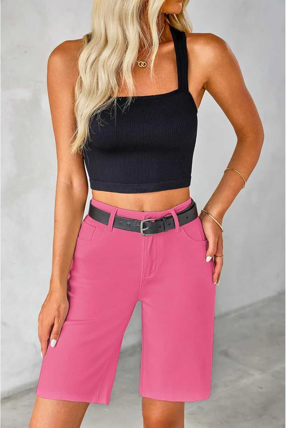 luvamia Bermuda Jean Shorts for Women High Waisted Trendy Stretchy Denim Shorts Knee Length Cutoff Loose Fit Long Shorts