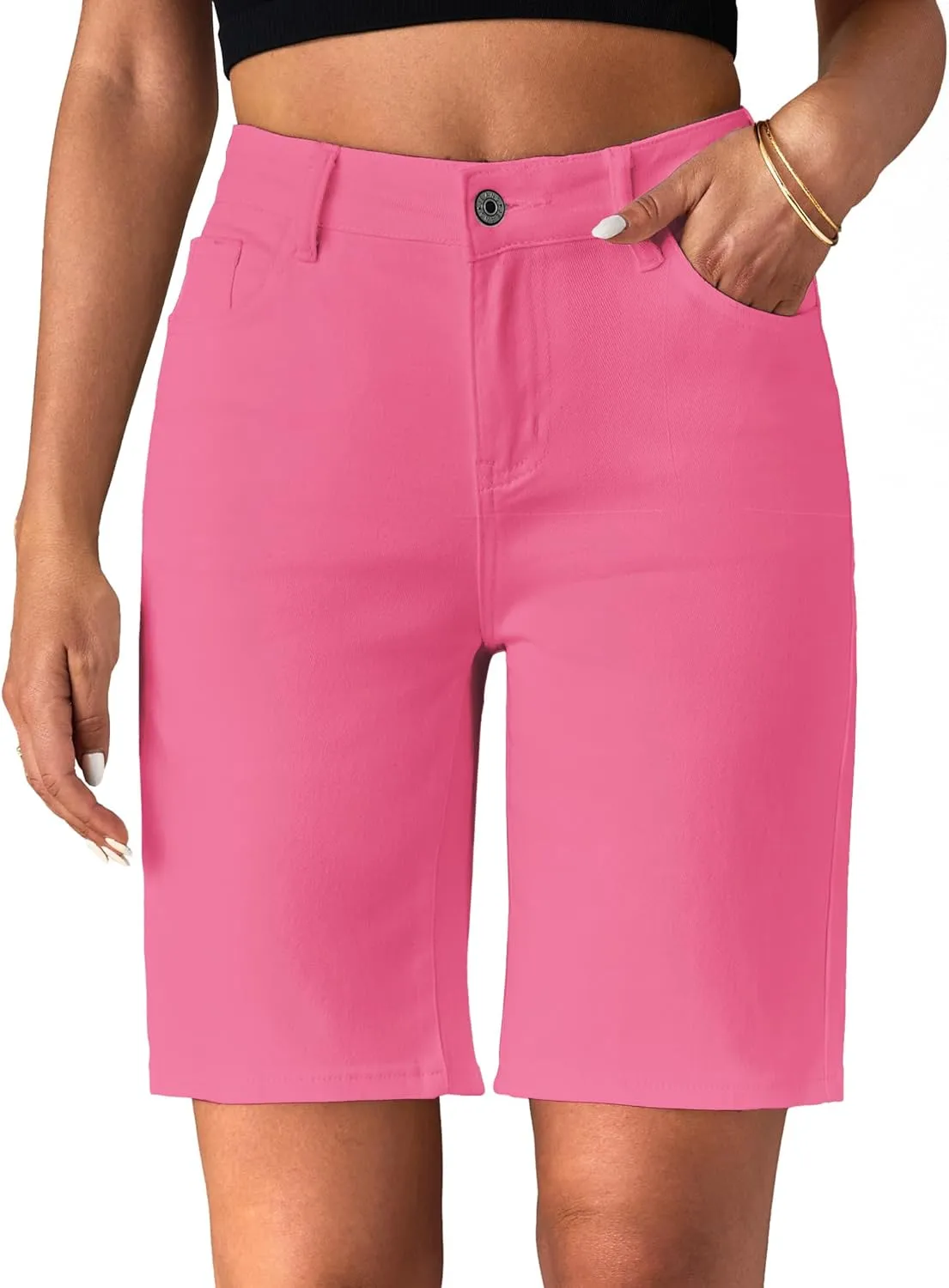 luvamia Bermuda Jean Shorts for Women High Waisted Trendy Stretchy Denim Shorts Knee Length Cutoff Loose Fit Long Shorts