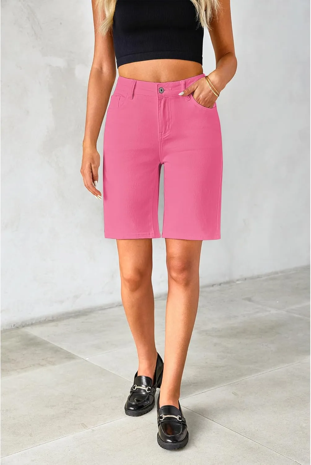 luvamia Bermuda Jean Shorts for Women High Waisted Trendy Stretchy Denim Shorts Knee Length Cutoff Loose Fit Long Shorts