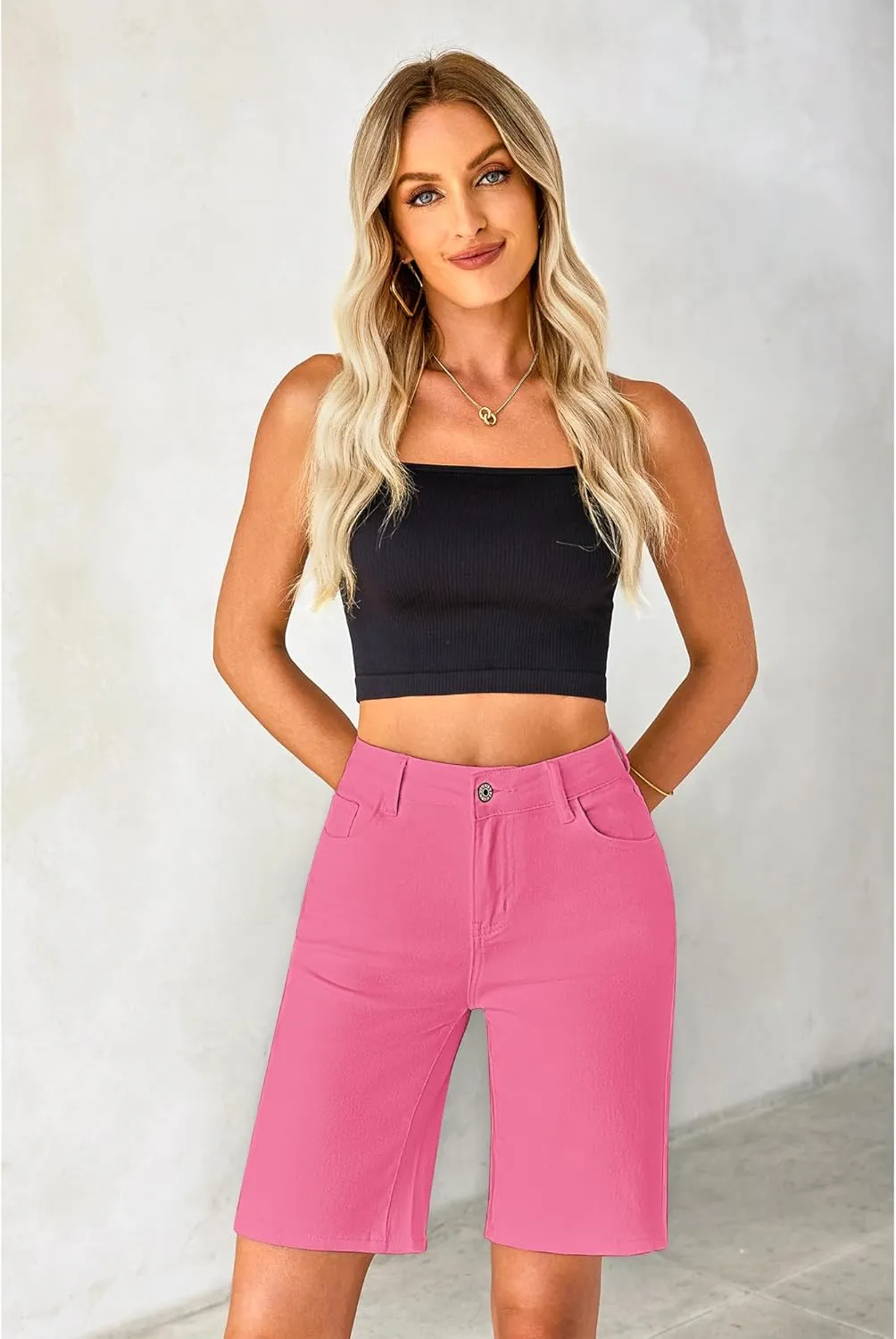 luvamia Bermuda Jean Shorts for Women High Waisted Trendy Stretchy Denim Shorts Knee Length Cutoff Loose Fit Long Shorts