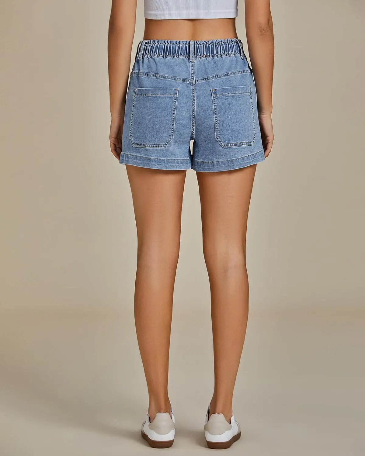 luvamia Jean Shorts for Women High Waisted Pull On Drawstring Elastic Waist Trendy Stretchy Denim Jorts Summer Shorts